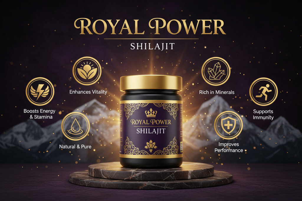 Genrate image to show benifts of uses of royal power shilajit , use branding of royal power and show qualites and benifts in image to attract customers use related back ground and realted image
