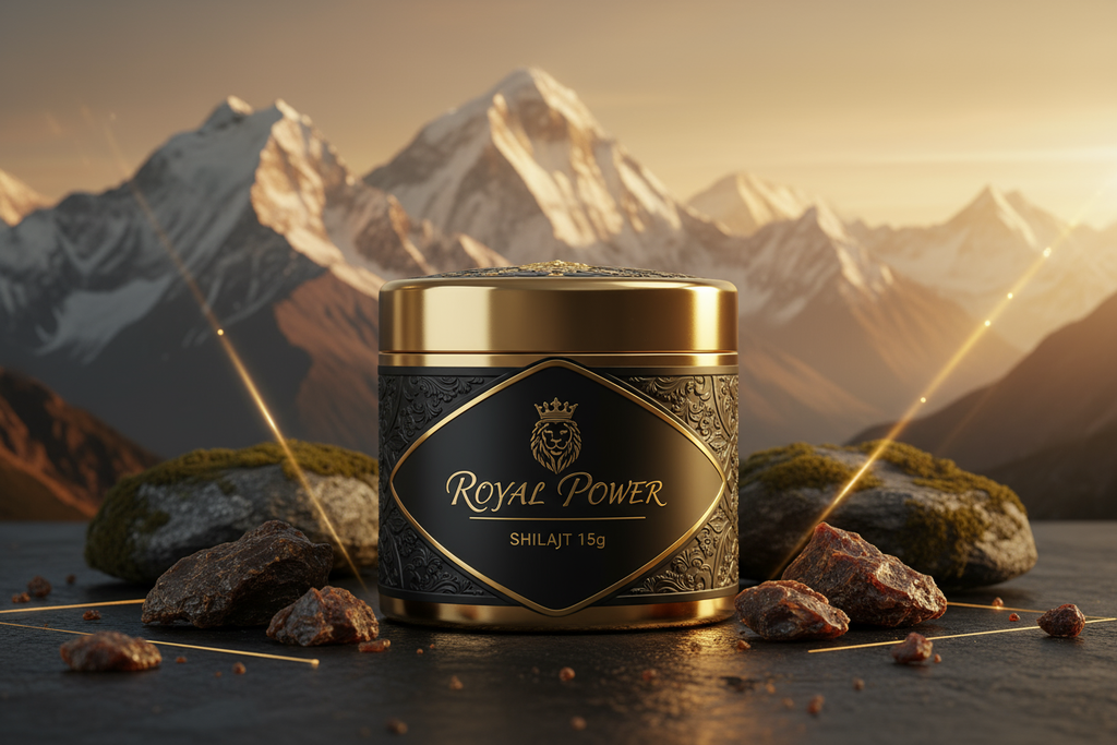 Genrate Royal Power shilajit 15g packging image to attract cusotmer with premium look , genrate with related back ground and related image with branding 